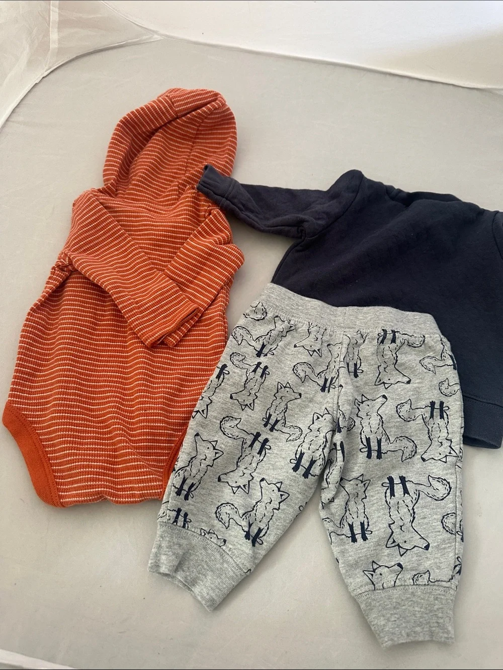 Carter's Orange Striped Bodysuit with Navy Fox Sweatshirt & Gray Fox Pants